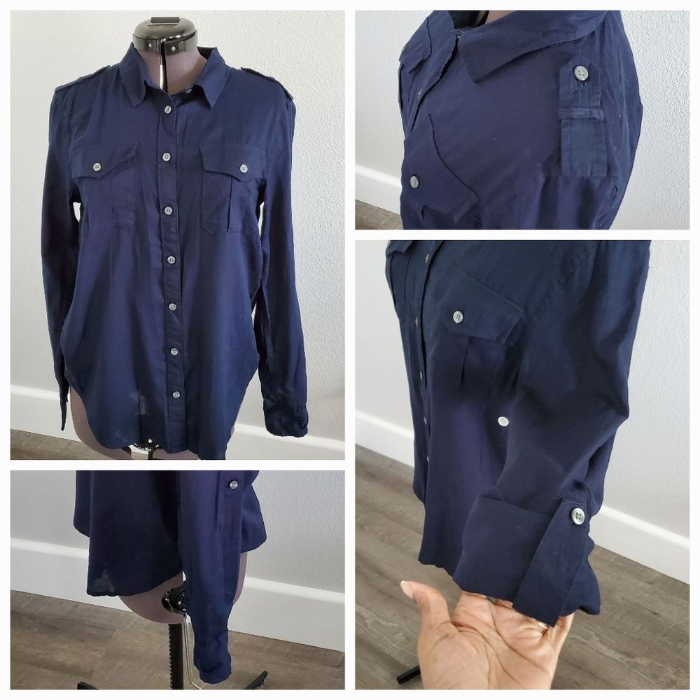 NWT GH Bass & Co Women's Button-up Shirt Small Navy Cotton Button Cuff Classic